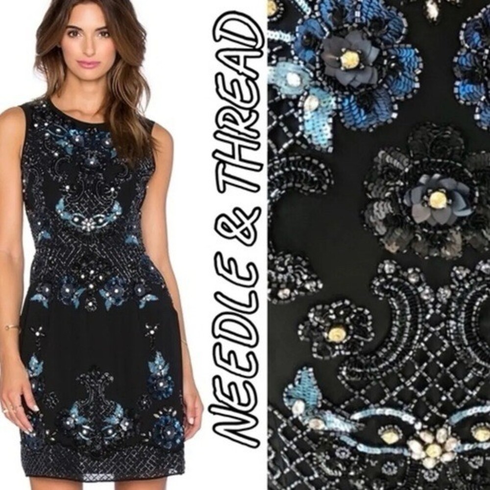 Needle & Thread Dress Womens 2 Black Blue Floral Beaded Sequin Knee Length